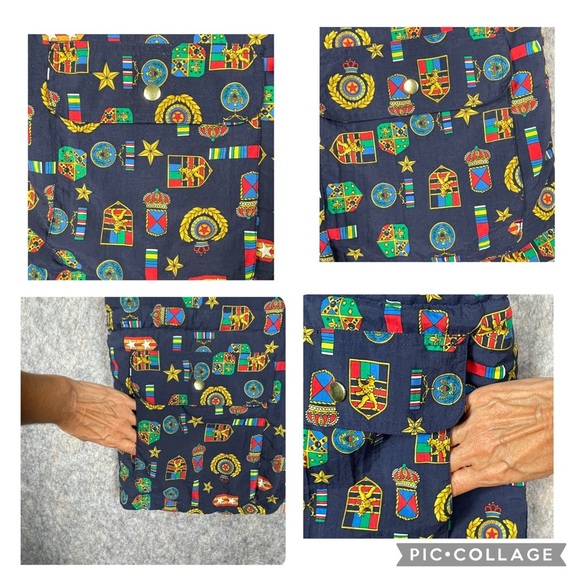 Vtg LizSport Medal Print/Red Reversible Preppy Vintage Military Zip Vest - Sz L - Picture 6 of 16